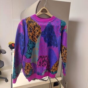 Vintage Rerto Village Fair Sweater Hot Pink & Blue block Pattern Womens Large